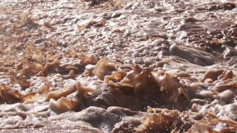 Slow motion river with muddy water splashing after heavy rain storm background