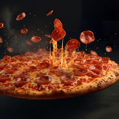 A close-up image of a freshly-baked pizza with an array of pepperoni toppings arranged in a circular formation and set against a dark