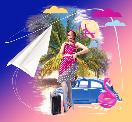 Beautiful young blonde girl travelling to warm beach with palms. Summertime vacation. Resort. Contemporary art collage. Travell and architecture concept. Colorful design for postcard