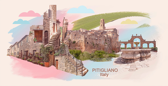 Beautiful landscape of italian city. Vintage city view, landmarks. Contemporary art collage. Brick buildings in old style. Travell and architecture concept. Colorful design for postcard