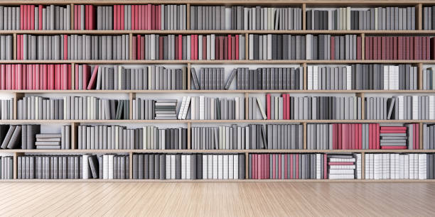 istock Bookshelves in the library with various colorful books 3d render 1481858650