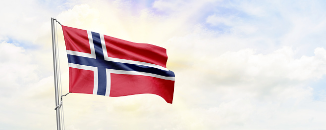 Norway flag waving on sky background. 3D Rendering