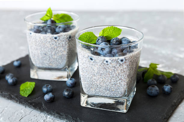 istock Healthy breakfast or morning with chia seeds vanilla pudding and blueberry berries on table background, vegetarian food, diet and health concept. Chia pudding with coconut milk and blueberry 1481859857