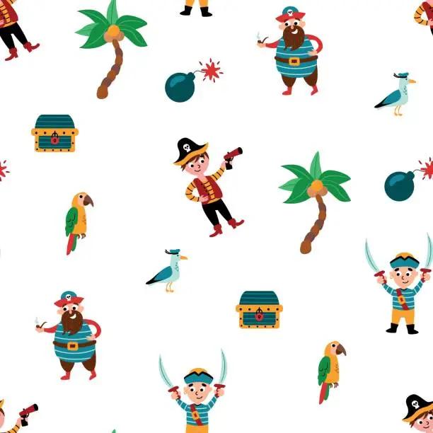Vector illustration of Pirate seamless pattern. Pirates, treasure chest, seagull, parrot, palm tree, bomb. Design for fabric, textile, wallpaper, packaging.