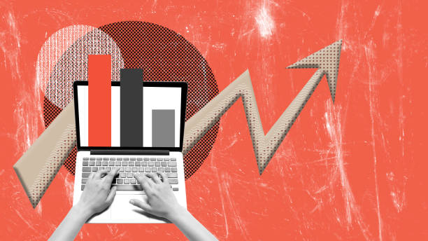 Contemporary art collage. Conceptual design. Human hands working on laptop. Graphs and analytics. Growing financial success of company