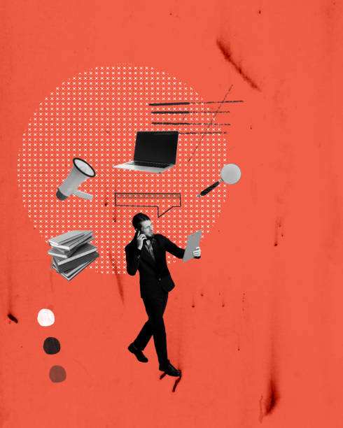 istock Contemporary art collage. Conceptual design. Businessman working on many professional tasks, developing company successful strategies and finishing deadlines 1481864115