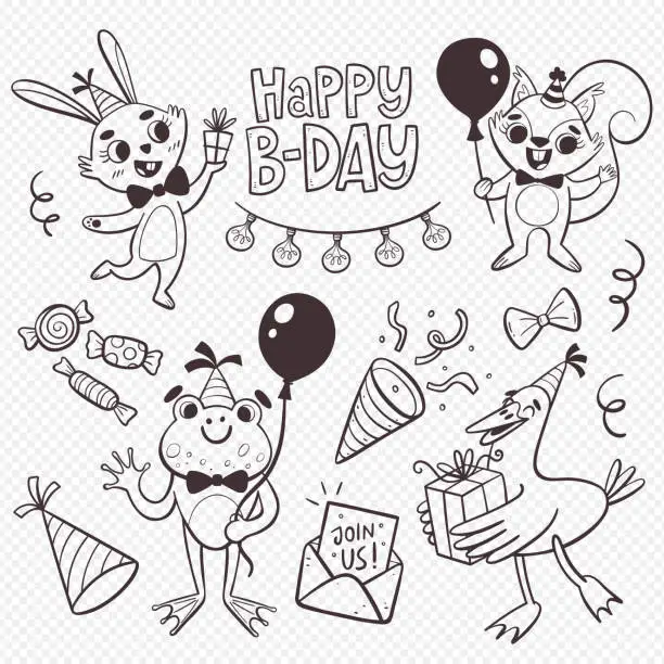 Vector illustration of Birthday Cartoon Animal Set