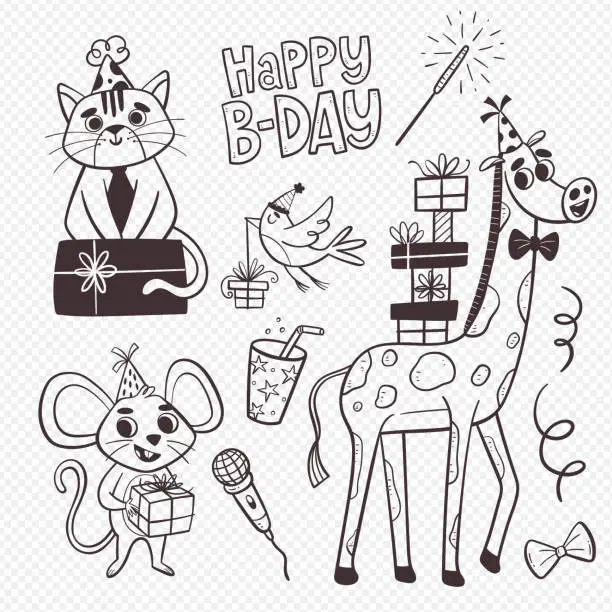 Vector illustration of Birthday Cartoon Animal Set