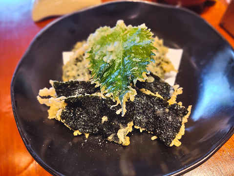 Close-up shot of crunchy deep fried nori for snack