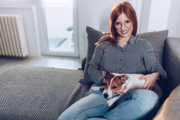 istock Natural ginger in her living room with her small dog 1481866004