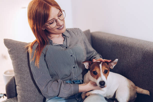 istock Natural ginger in her living room with her small dog 1481866019