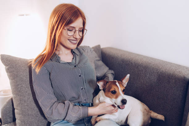 istock Natural ginger in her living room with her small dog 1481866020