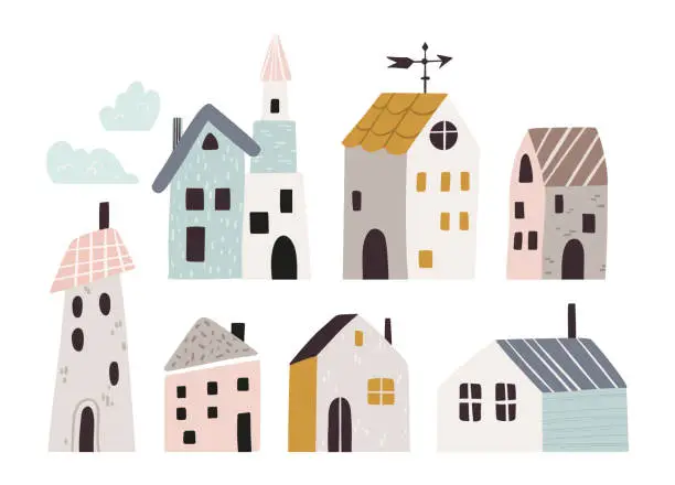 Vector illustration of Cute little cartoon houses isolated clip arts set, small funny buildings in Scandinavian style. Tiny urban or village scandi homes with windows, windvane, chimneys, flat vector illustrations pack