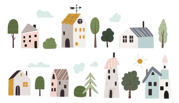 Vector illustration of Cute little cartoon houses isolated clip arts set, small funny buildings and trees, bushes in Scandinavian style. Tiny scandi homes with windows, windvane, chimneys, flat vector illustrations kit