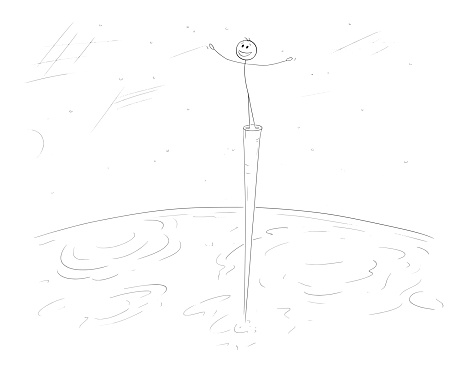 Person Standing above clouds looking on planet Earth, vector cartoon stick figure or character illustration.