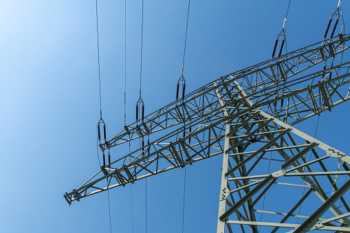 Low Angle View Of Electricity Pylon Against Clear Sky, Berlin