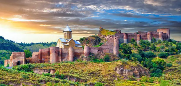 Picturesque sunrise over the ancient Narikala fortress in the city of Tbilisi, Georgia