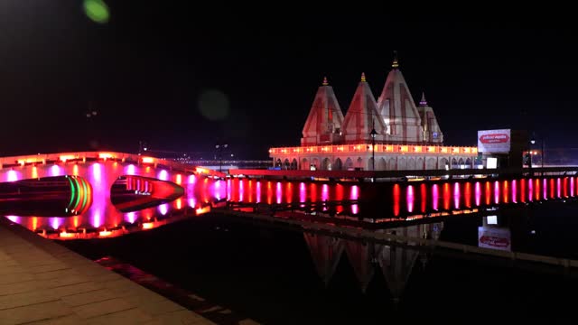 Hindu temple in the holy pond at night, Kurukshetra, Haryana