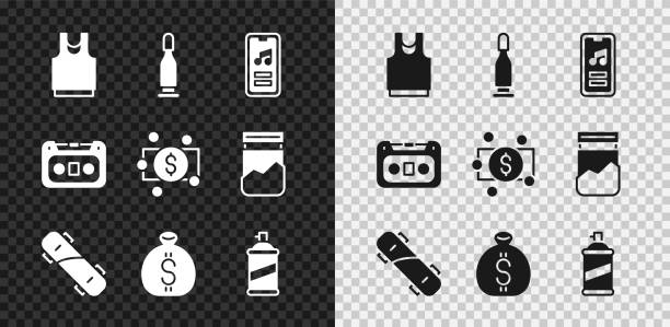 illustrazioni stock, clip art, cartoni animati e icone di tendenza di set undershirt, bullet, music player, skateboard, money bag, paint spray can, retro audio cassette tape e stacks paper money cash icon. vettore - extreme sports audio