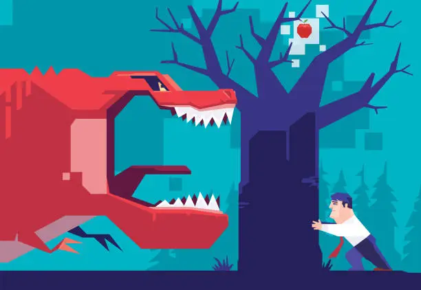 Vector illustration of businessman pushing apple tree and meeting dinosaur