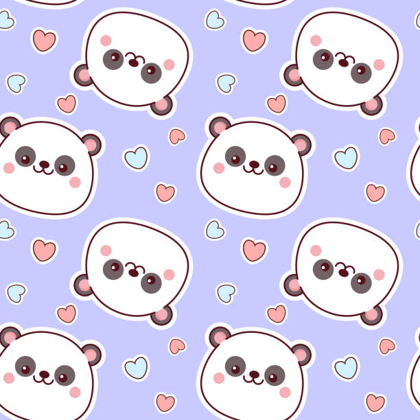 Panda pattern Seamless pattern of panda faces on a purple background with hearts seamless kids pattern with toys and childish things for boys stock illustrations