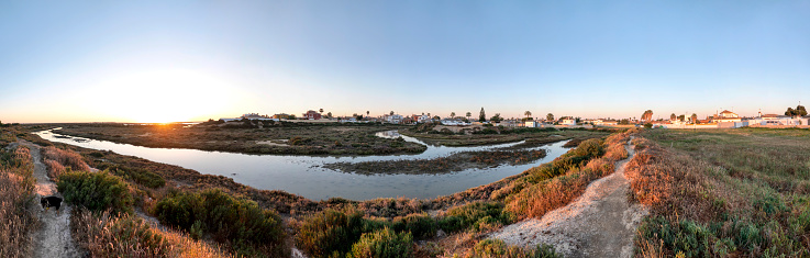 Stunning landscape with panoramic view of the Los Gallos neighborhood, located next to the Carboneros salt flats, in Chiclana de la Frontera, Spain