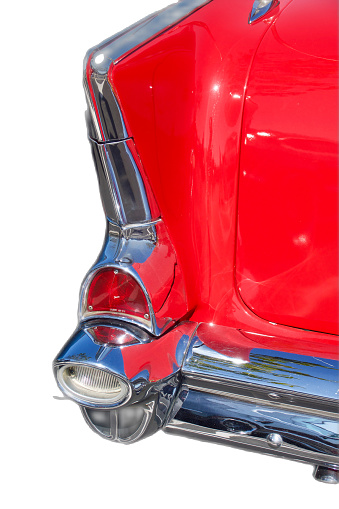 Closeup details of the tail fin on a vintage car