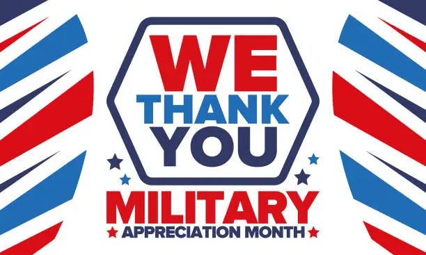 Vector illustration of National Military Appreciation Month in May. Annual Armed Forces Celebration Month in United States. Poster, card, banner and background. Vector illustration
