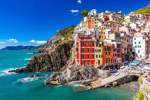 Riomaggiore in Cinque Terre, Italy at summer. Popular tourist destination in Liguria coast.