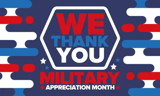 Vector illustration of National Military Appreciation Month in May. Annual Armed Forces Celebration Month in United States. Poster, card, banner and background. Vector illustration