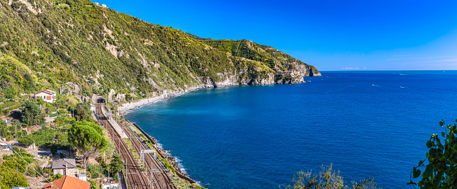 Train in Cinque Terre, Italy at summer. Transport in popular tourist destination