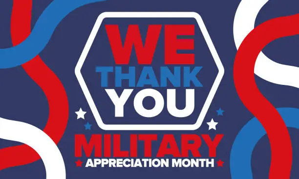 Vector illustration of National Military Appreciation Month in May. Annual Armed Forces Celebration Month in United States. Poster, card, banner and background. Vector illustration