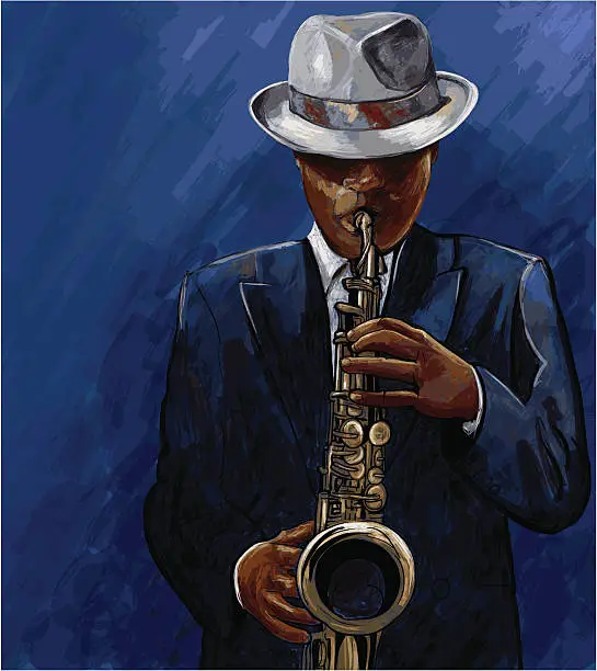 Vector illustration of saxophonist playing saxophone on a blue background