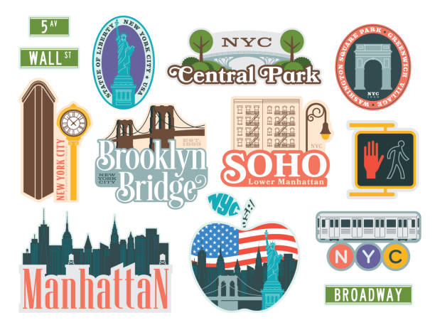 ilustrações, clipart, desenhos animados e ícones de conjunto de adesivos e crachás de viagem da cidade de nova york - new york city skyline bridge brooklyn