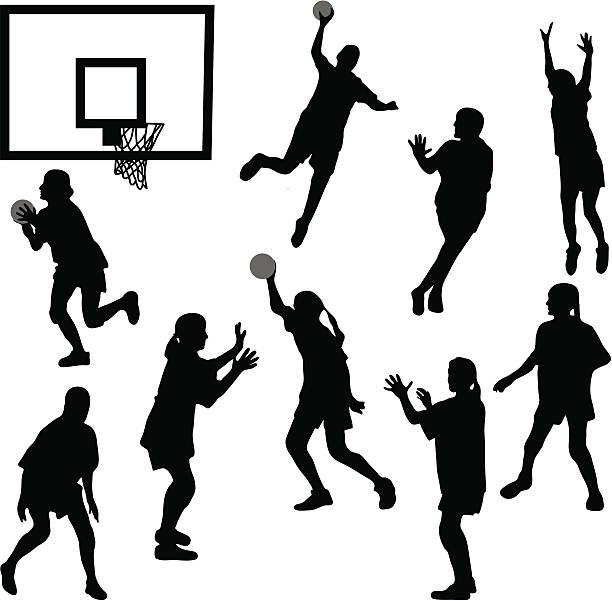 ilustrações, clipart, desenhos animados e ícones de silhuetas de basquete feminino - basketball vector dribbling illustration and painting