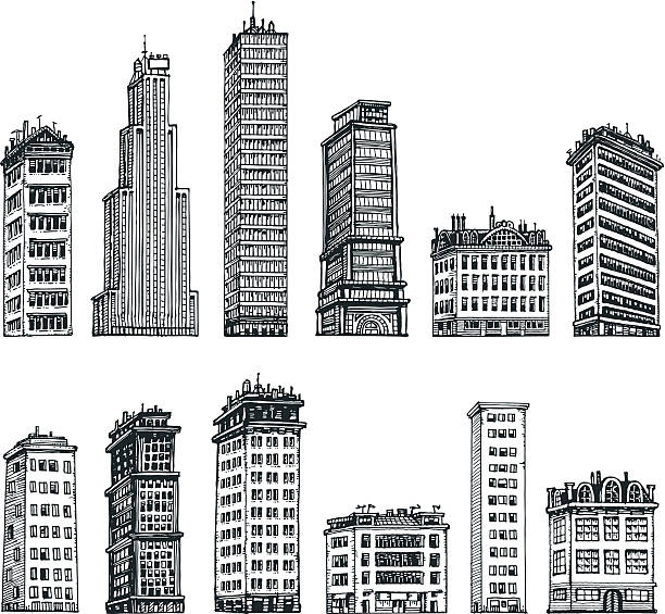 ilustrações de stock, clip art, desenhos animados e ícones de animados de edifícios - skyscraper