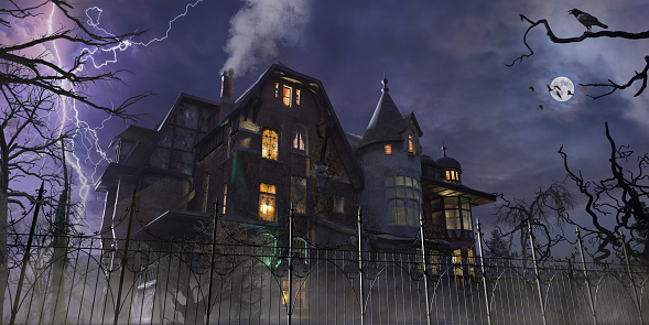 A CG image of a generic mysterious old haunted house with some lights on from a low angle view viewed from outside iron railings on a stormy night with full moon, lightning and low lying mist. Silhouetted dead trees occupy the garden and a raven watches from a near branch.