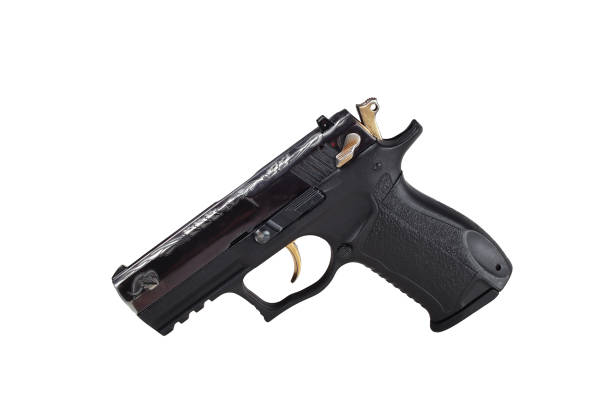 istock Pistol 9 millimeter pistol on a white background. Fort. Black with a leaf pattern 1481882043