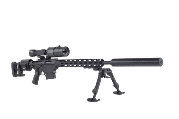 istock Black rifle Bolt Action with silencer. On bipods. With a lighter handguard 1481882211