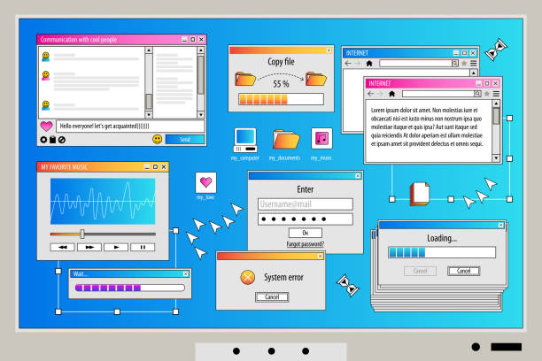 istock The screen of an old retro PC in the y2k style. Retro wave and vaporwave background. Bright vintage computer interface 1481882592