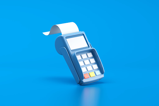 Payment terminal on blue background. 3d illustration