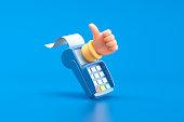 Payment terminal and hand with thumbs up