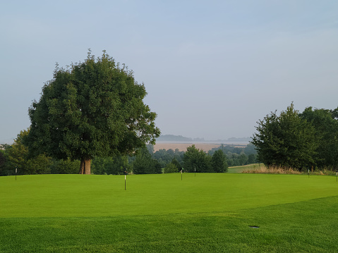 green golf field and blue cloudy sky. european landscape