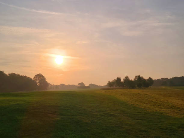 Misty sunrise over English countryside.