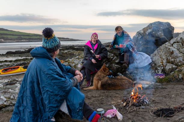 Keeping Cosy Around the Campfire A group of friends enjoying a recreational weekend together in Dumfries, Scotland. They are having a rest with their dog around a handmade campfire on a beach in warm clothing and blankets after being in the sea while they are eating marshmallows and laughing together. beach fire scotland stock pictures, royalty-free photos & images