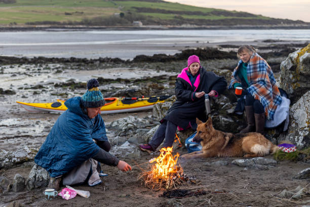 Relaxing by the Campfire A group of friends enjoying a recreational weekend together in Dumfries, Scotland. They are having a rest with their dog around a handmade campfire on a beach in warm clothing and blankets after being in the sea. One man is toasting marshmallows over the fire. beach fire scotland stock pictures, royalty-free photos & images