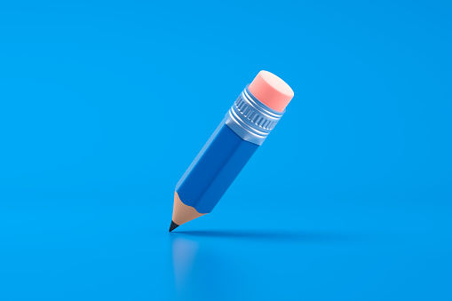 Blue pencil isolated on white background. 3d illustration. Single object. Blue crayon.
