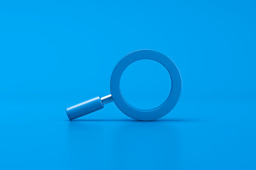 Blue magnifier Glass on blue background. 3d illustration