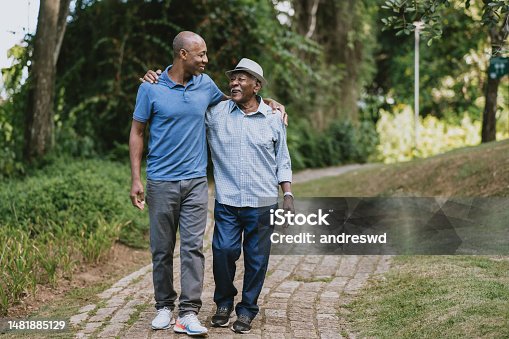 istock Portrait of elderly father and adult son walking 1481885129