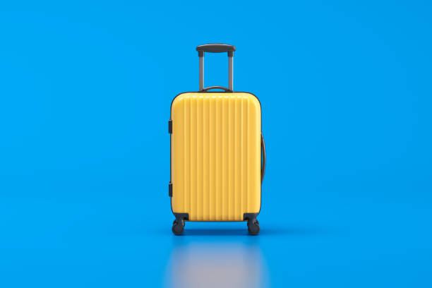 Yellow suitcase on blue background 3d illustration wheeled luggage stock pictures, royalty-free photos & images